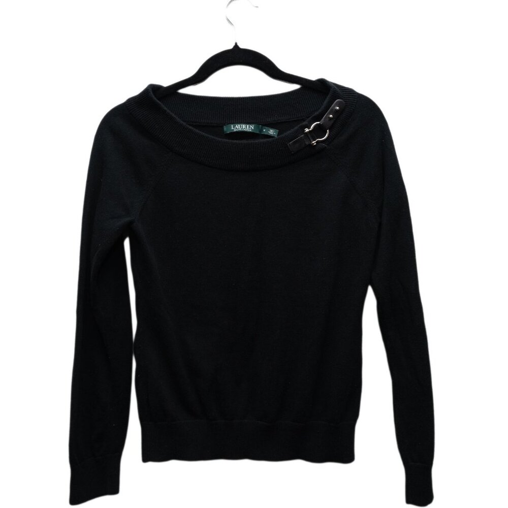 Elegant Lauren Ralph Lauren Black Wool Sweater with Brooch - Size